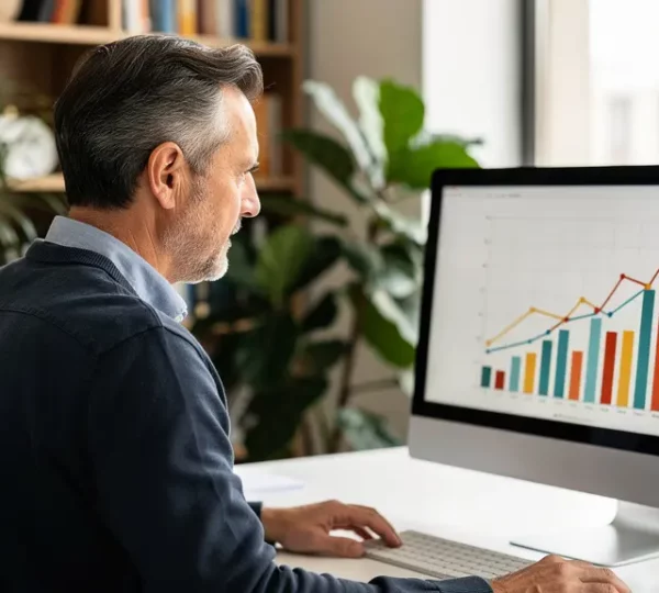 Dirigeant PME consultant tableau de bord trésorerie sur écran ordinateur