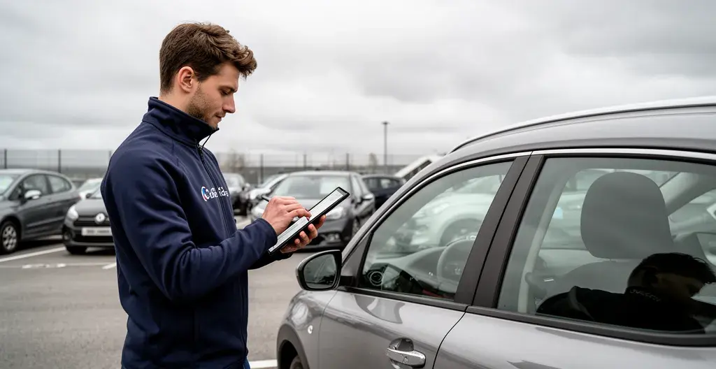 Employé de location effectuant un état des lieux digital sur tablette devant véhicule