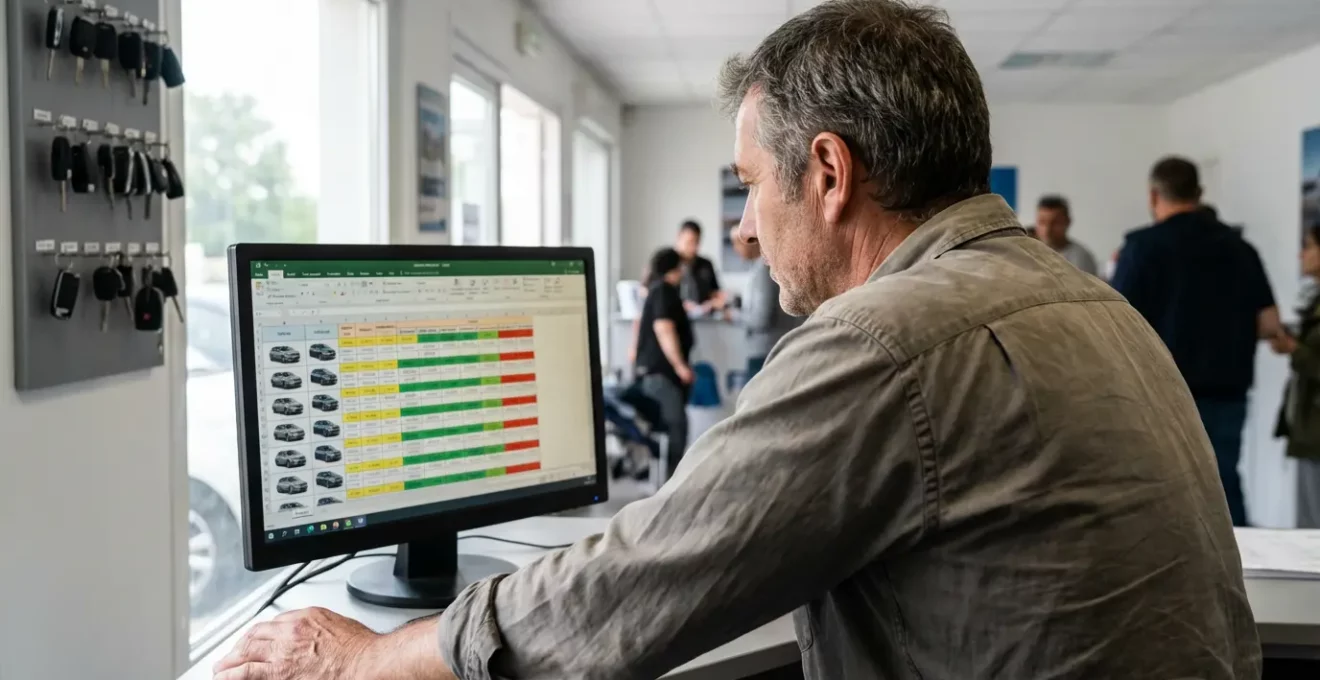 Gérant de société de location consultant un logiciel de planning véhicules sur écran