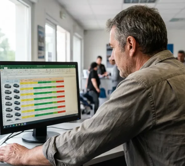 Gérant de société de location consultant un logiciel de planning véhicules sur écran