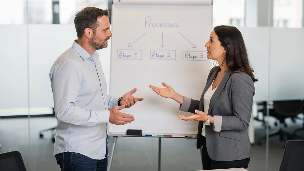 Réunion professionnels PME devant tableau processus relances