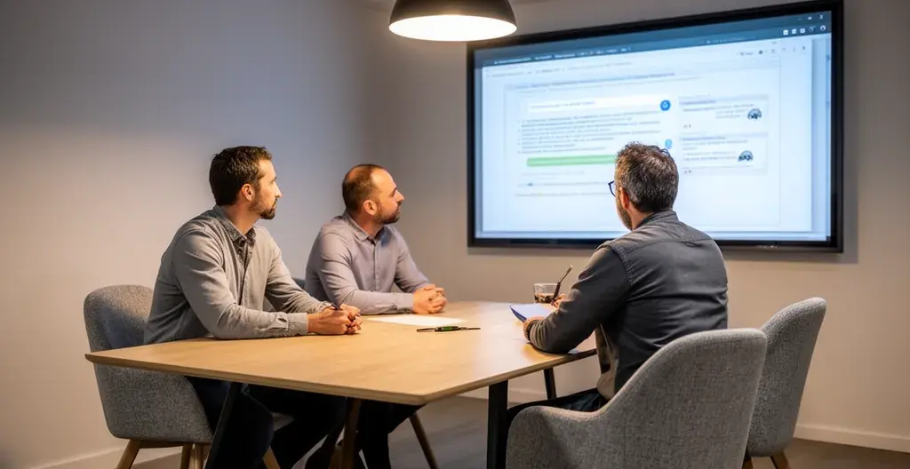 Petite équipe de location automobile en formation sur nouveau logiciel