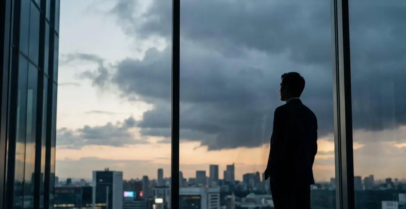 Directeur commercial observant un horizon nuageux depuis un bureau, symbole de l'anticipation d'une baisse de performance commerciale avant qu'elle n'impacte le chiffre d'affaires