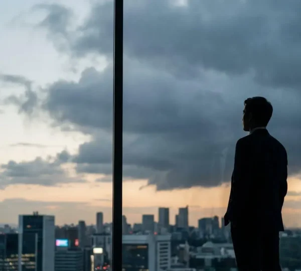 Directeur commercial observant un horizon nuageux depuis un bureau, symbole de l'anticipation d'une baisse de performance commerciale avant qu'elle n'impacte le chiffre d'affaires