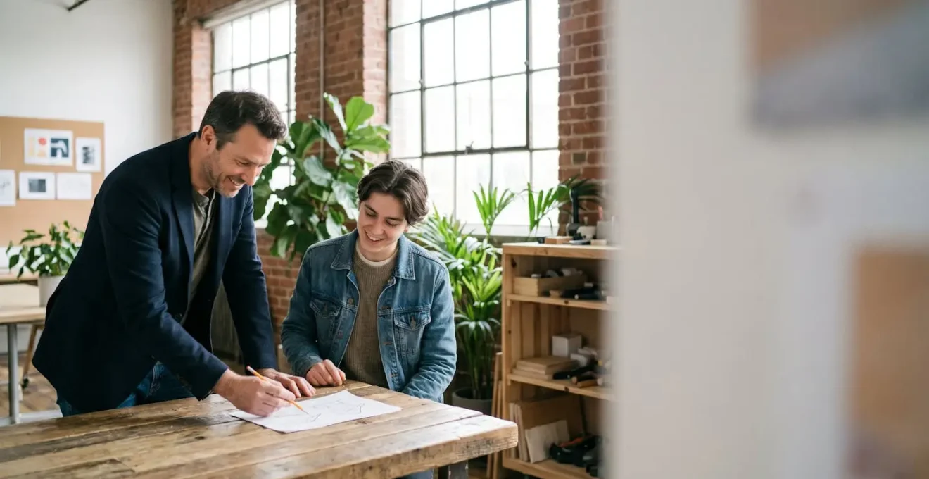 Un dirigeant de PME échangeant naturellement avec un jeune talent dans un atelier lumineux, symbolisant l'attractivité humaine face aux grands groupes