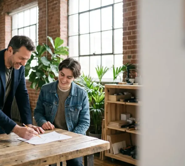 Un dirigeant de PME échangeant naturellement avec un jeune talent dans un atelier lumineux, symbolisant l'attractivité humaine face aux grands groupes