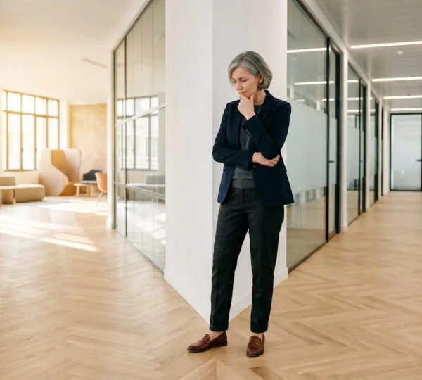 Dirigeant d'entreprise à la croisée de deux chemins symbolisant le choix entre statut TNS et assimilé-salarié