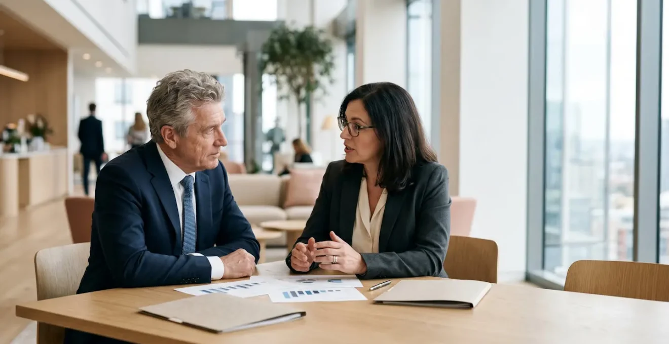 Un dirigeant et un consultant expert face à face autour d'une table, symbolisant le choix stratégique d'un accompagnement pour une transformation critique