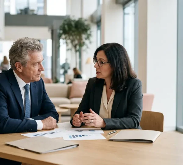 Un dirigeant et un consultant expert face à face autour d'une table, symbolisant le choix stratégique d'un accompagnement pour une transformation critique