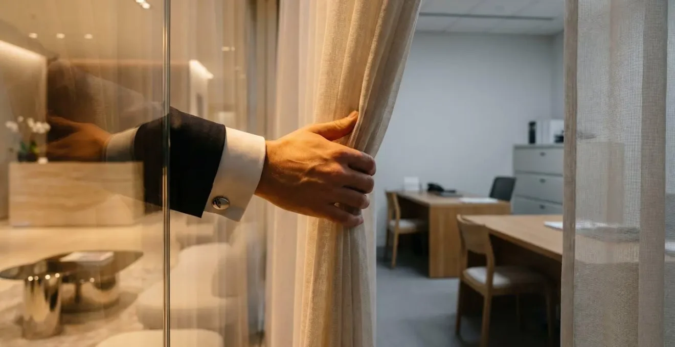 Une main d'entrepreneur soulève un rideau lumineux pour observer la réalité derrière une vitrine commerciale impeccable