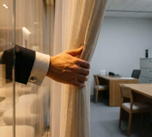 Une main d'entrepreneur soulève un rideau lumineux pour observer la réalité derrière une vitrine commerciale impeccable
