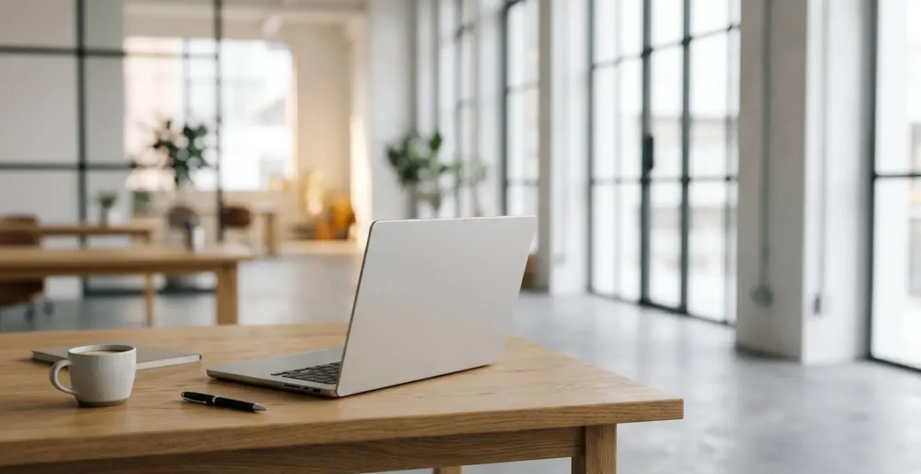 Espace de travail moderne minimaliste avec un ordinateur portable ouvert dans un environnement lumineux et épuré