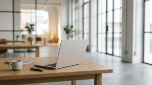 Espace de travail moderne minimaliste avec un ordinateur portable ouvert dans un environnement lumineux et épuré
