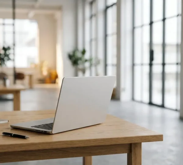 Espace de travail moderne minimaliste avec un ordinateur portable ouvert dans un environnement lumineux et épuré