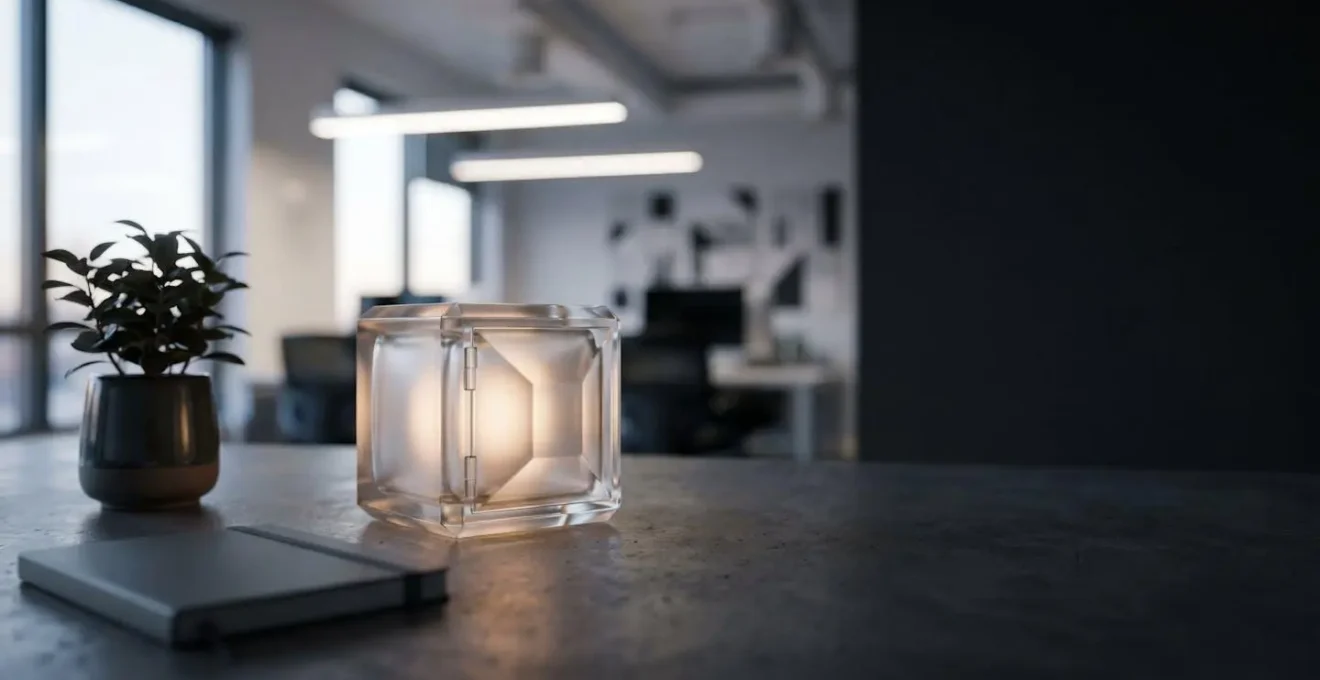 Sculpture de verre translucide illuminee symbolisant des donnees d'entreprise protegees et accessibles pour la decision