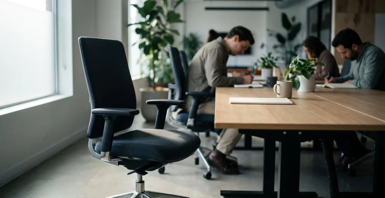 Bureau professionnel vide avec une chaise en premier plan, symbolisant l'absence d'une personne clé dans une entreprise