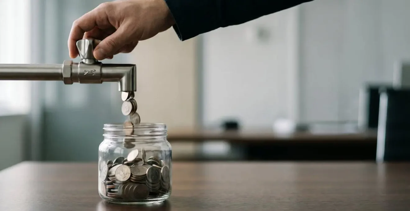 Main professionnelle ajustant un robinet métallique qui régule un flux de pièces de monnaie tombant dans un bocal en verre, symbolisant le contrôle des dépenses récurrentes