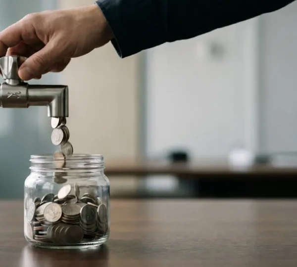 Main professionnelle ajustant un robinet métallique qui régule un flux de pièces de monnaie tombant dans un bocal en verre, symbolisant le contrôle des dépenses récurrentes