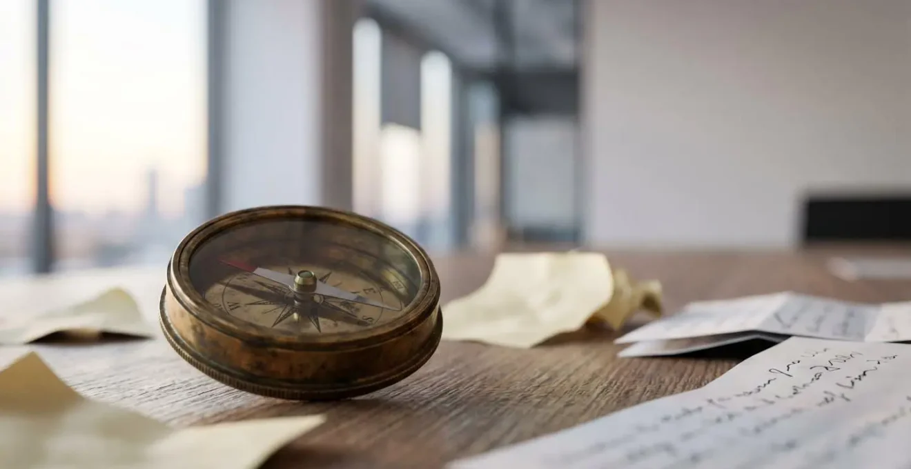Une boussole posee sur une table en bois clair, symbole de la transformation d une vision d entreprise en actions concretes