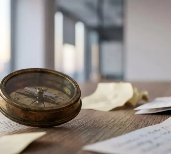 Une boussole posee sur une table en bois clair, symbole de la transformation d une vision d entreprise en actions concretes