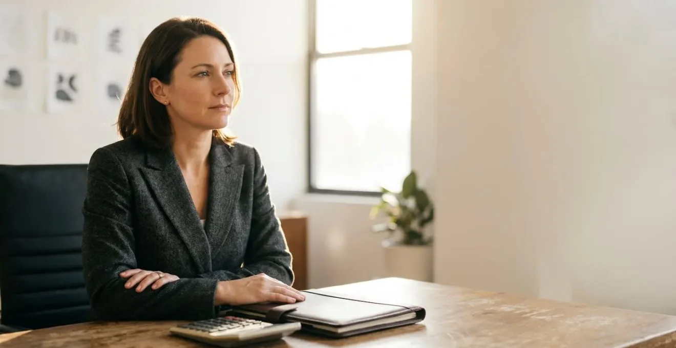 Dirigeant d'entreprise concentre analysant ses documents financiers sur son bureau pour prendre une decision strategique