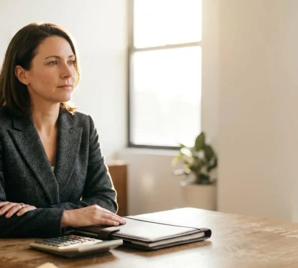 Dirigeant d'entreprise concentre analysant ses documents financiers sur son bureau pour prendre une decision strategique