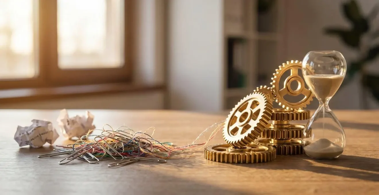 Bureau de dirigeant d'entreprise organisé où des dossiers papier se transforment symboliquement en rouages fluides, illustrant le temps libéré par l'automatisation