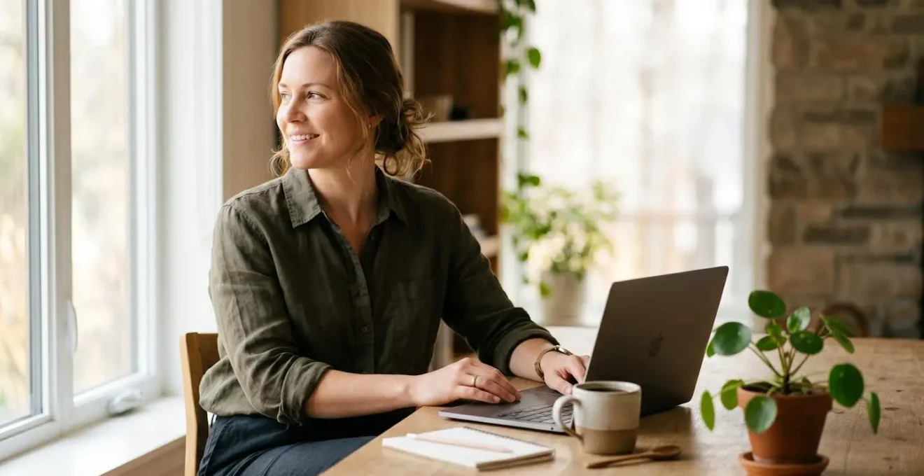 Dirigeant de PME travaillant sereinement sur un ordinateur portable, symbolisant la liberte offerte par les logiciels en ligne sans infrastructure lourde
