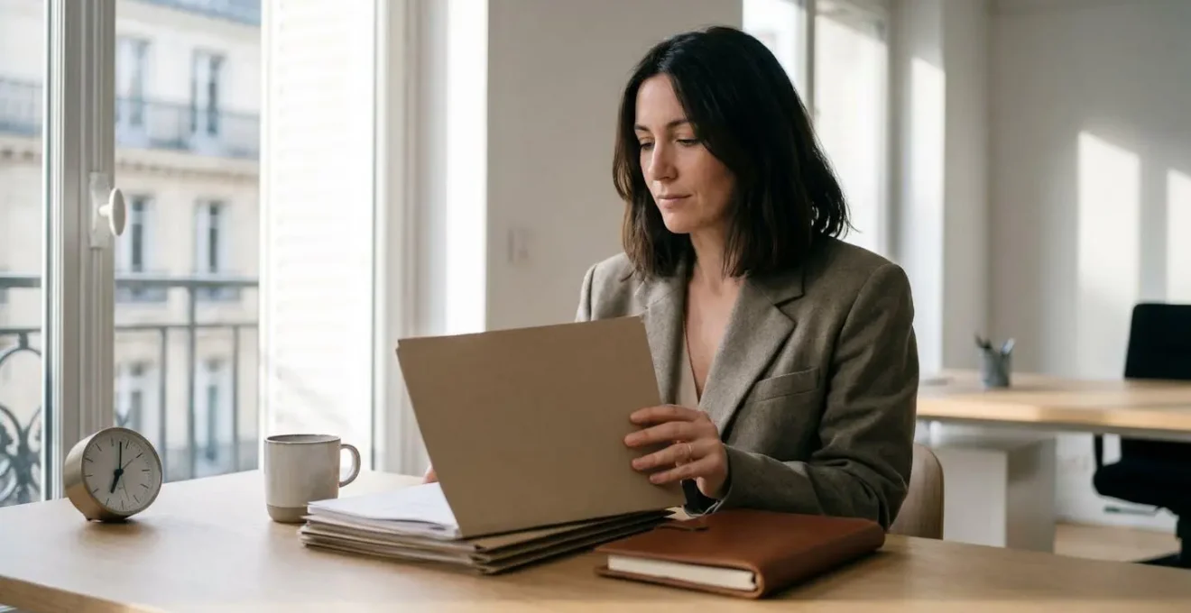 Entrepreneur consultant sereinement son planning d'obligations administratives dans un bureau lumineux