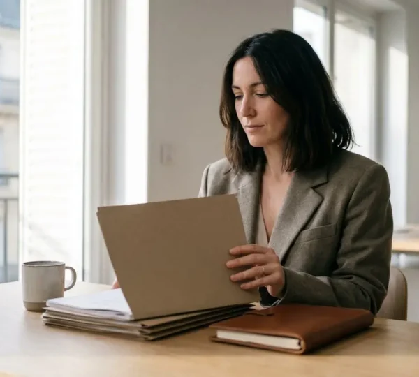 Entrepreneur consultant sereinement son planning d'obligations administratives dans un bureau lumineux