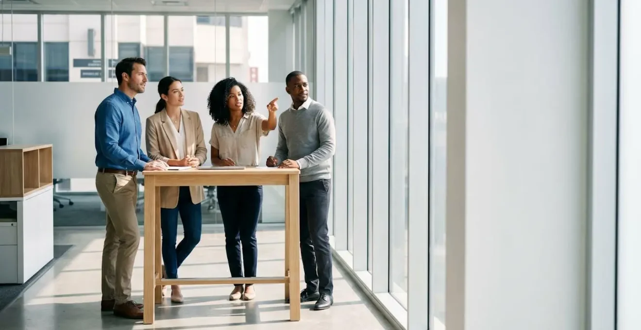 Une équipe de collaborateurs alignée et concentrée symbolisant une productivité optimisée sans recrutement supplémentaire
