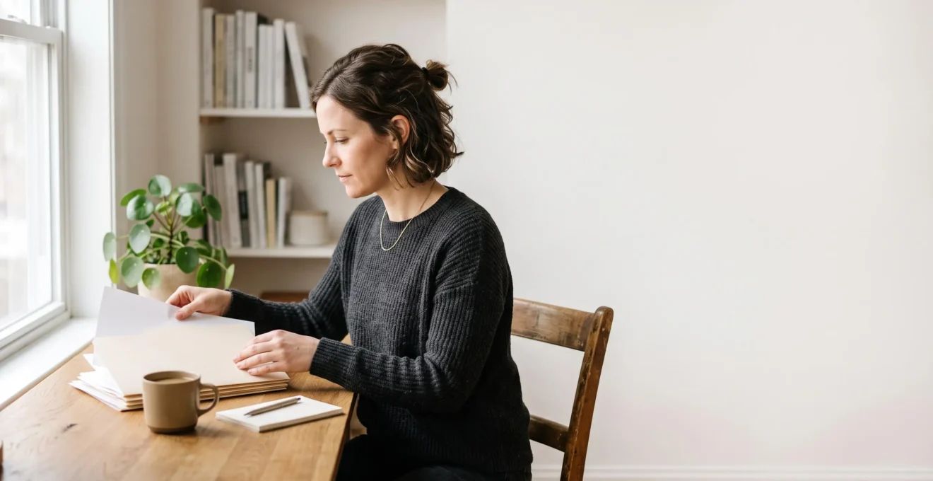 Entrepreneur organisant sereinement ses documents comptables sur un bureau lumineux et épuré