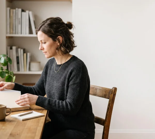 Entrepreneur organisant sereinement ses documents comptables sur un bureau lumineux et épuré