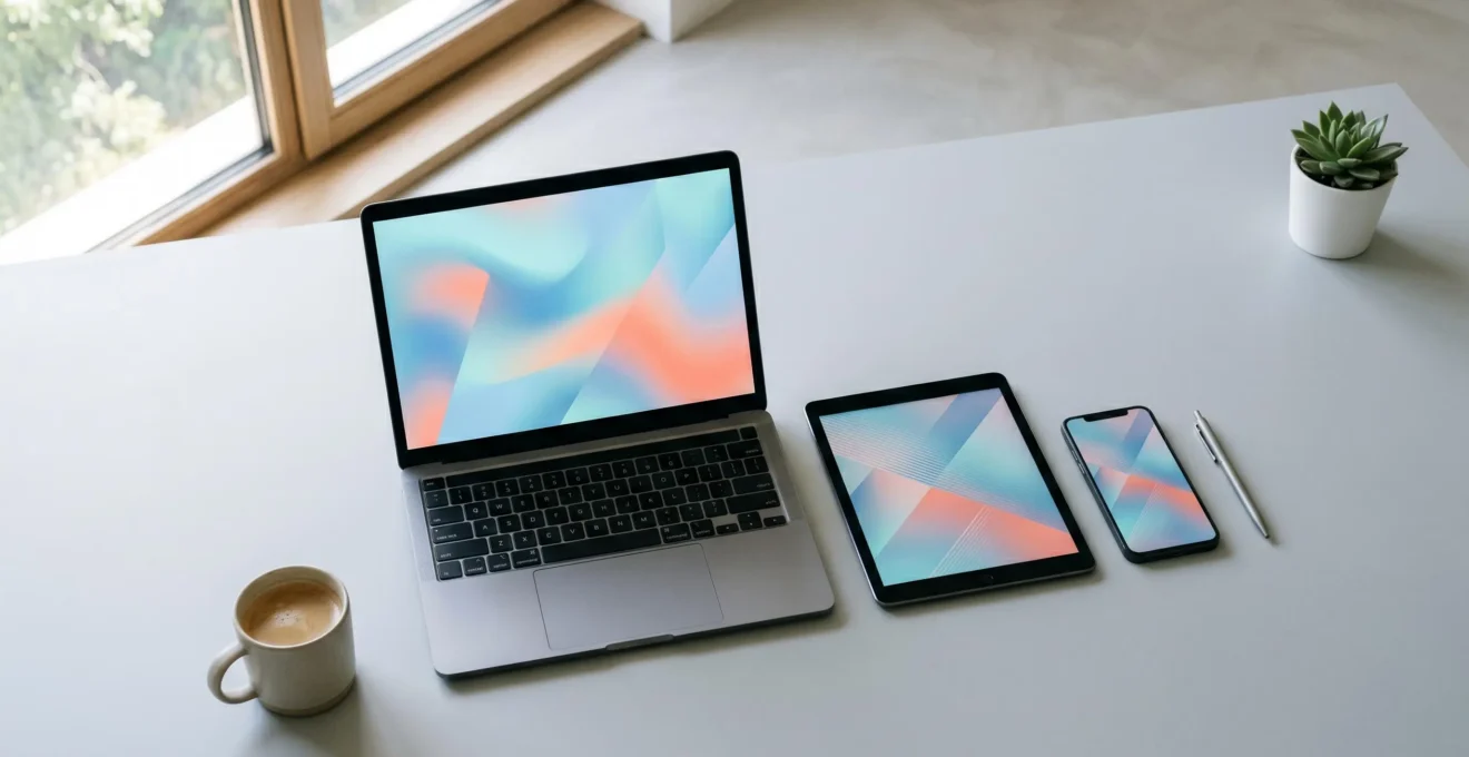 Espace de travail numérique organisé avec multiples appareils connectés en harmonie