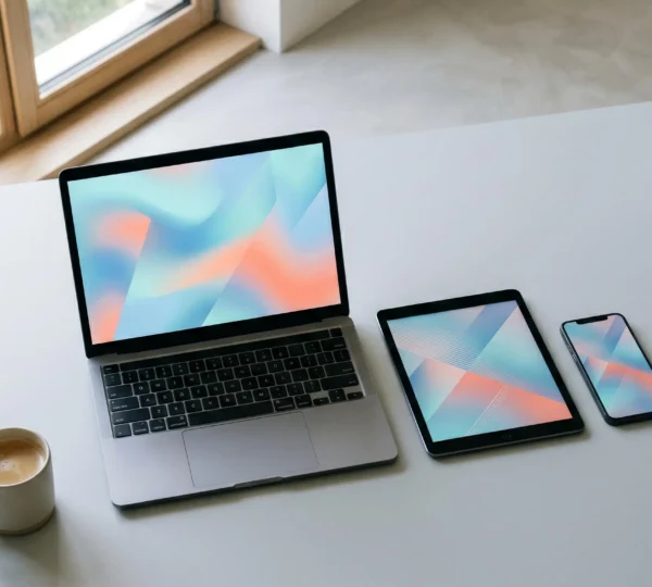 Espace de travail numérique organisé avec multiples appareils connectés en harmonie