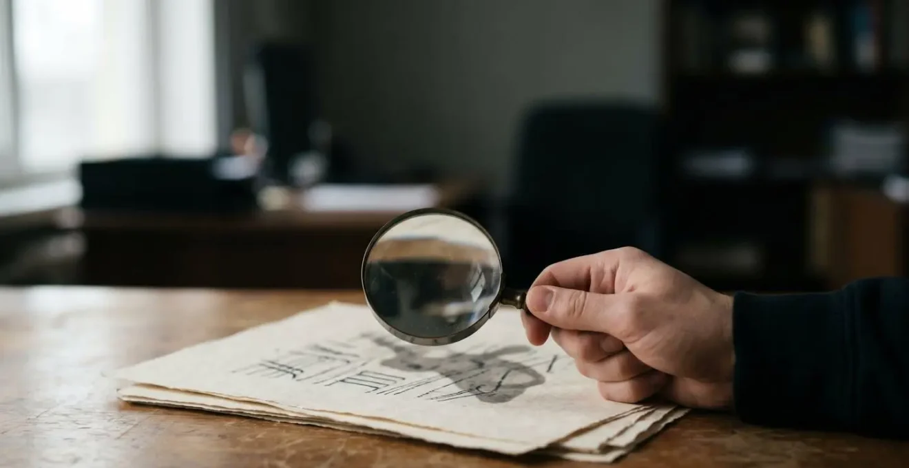 Photographie éditoriale d'une loupe posée sur des feuillets comptables abstraits révélant des zones d'ombre symbolisant les risques cachés du bilan