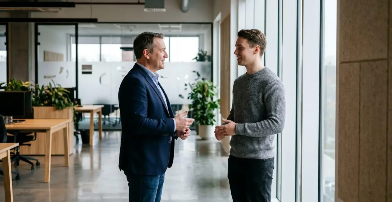 Un manager échangeant avec un membre de son équipe dans une posture d'écoute, sans rapport de domination, dans un bureau lumineux et épuré.