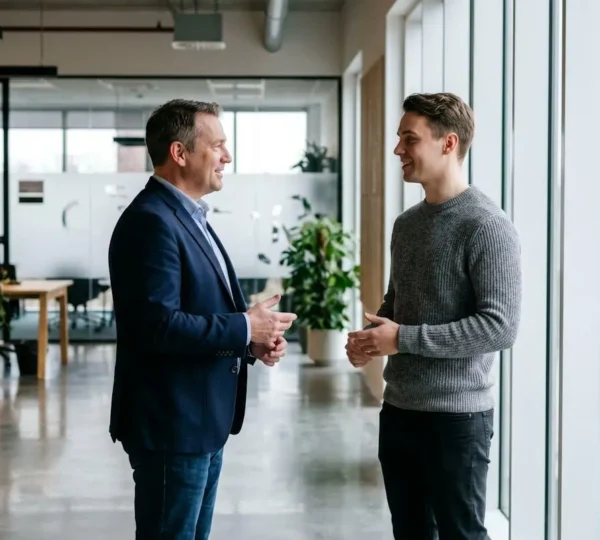 Un manager échangeant avec un membre de son équipe dans une posture d'écoute, sans rapport de domination, dans un bureau lumineux et épuré.