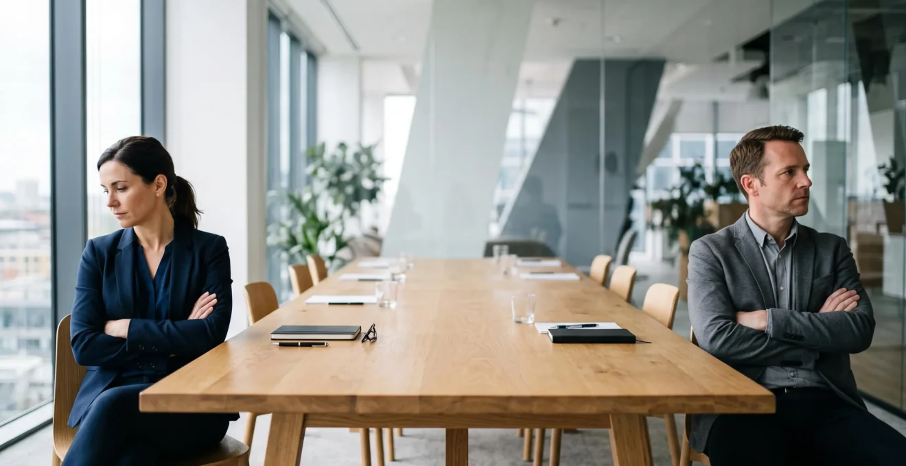 Deux collègues assis de part et d'autre d'une table, séparés par un espace vide symbolisant un conflit non résolu, dans un bureau lumineux