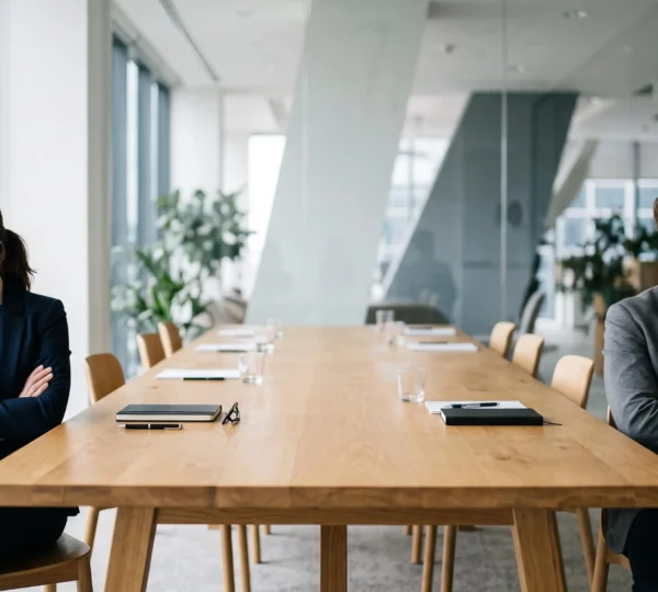 Deux collègues assis de part et d'autre d'une table, séparés par un espace vide symbolisant un conflit non résolu, dans un bureau lumineux