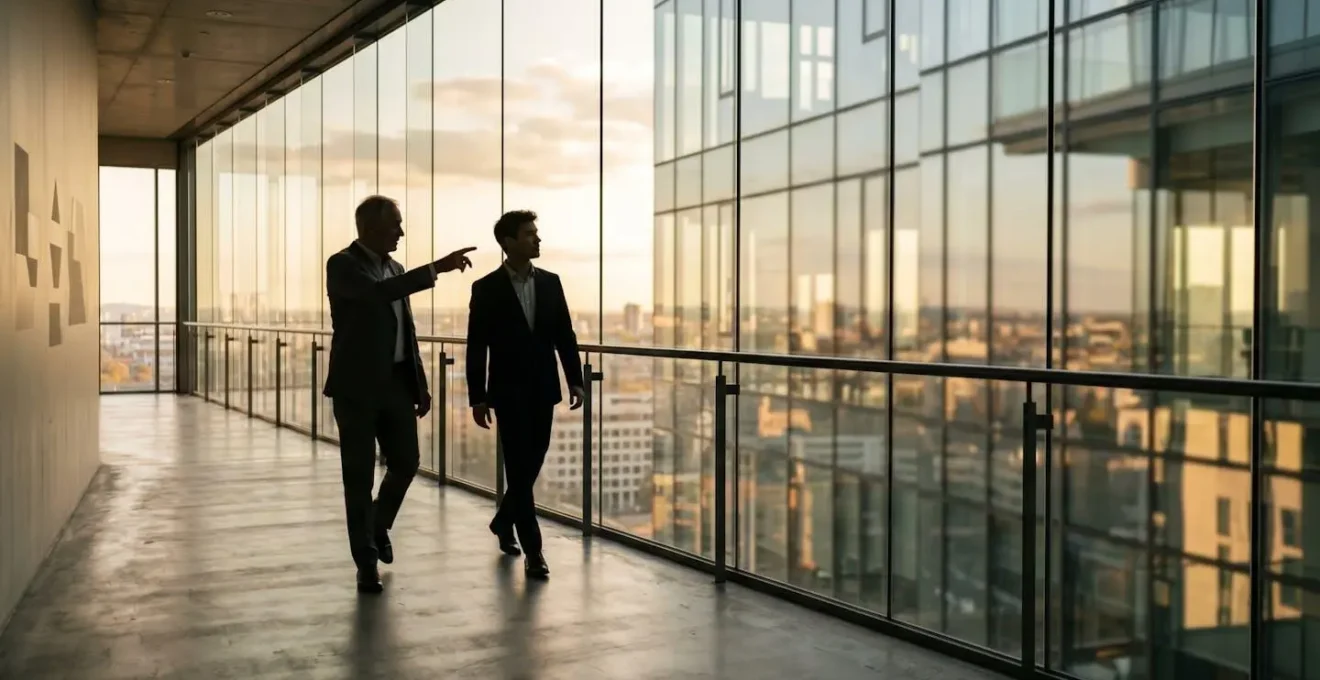 Un entrepreneur experimente guidant un plus jeune dirigeant sur un chemin symbolisant l'acceleration de carriere grace au mentorat