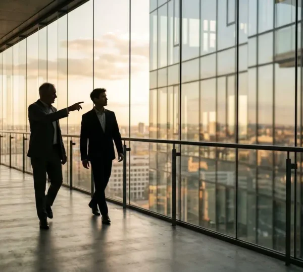 Un entrepreneur experimente guidant un plus jeune dirigeant sur un chemin symbolisant l'acceleration de carriere grace au mentorat