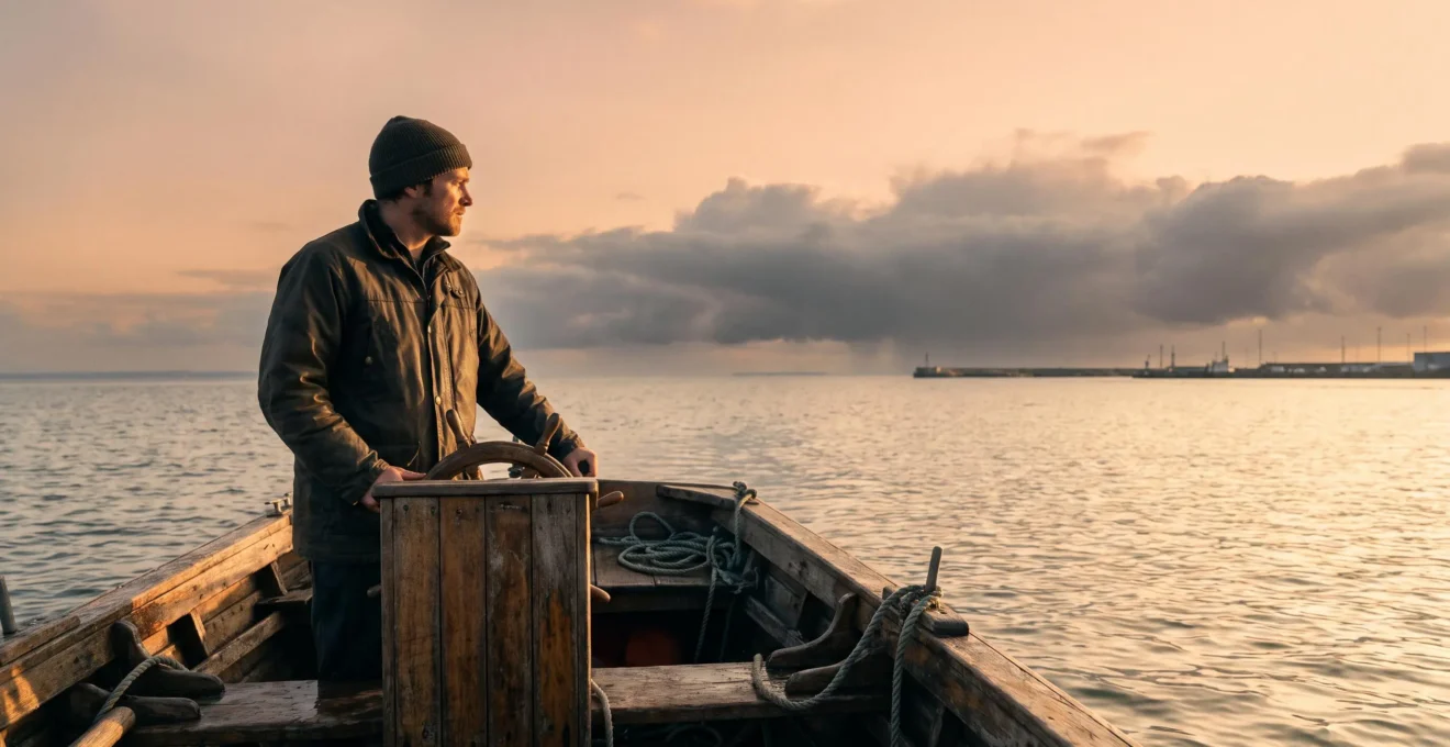Une personne pilote une petite embarcation entre des eaux calmes et un horizon orageux, symbolisant l'anticipation de la tresorerie sur 90 jours.