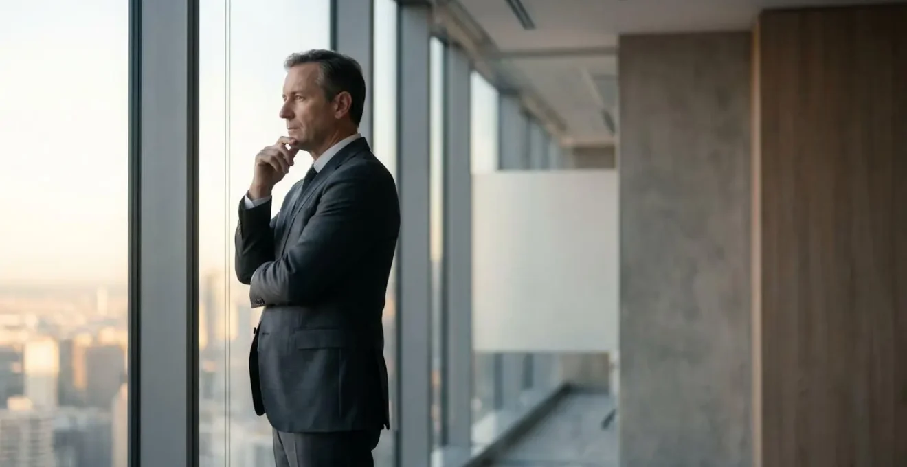 Dirigeant d'entreprise observant l'horizon depuis un bureau baigné de lumière, symbolisant l'anticipation des ruptures de marche
