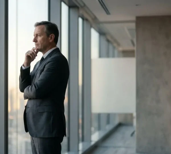 Dirigeant d'entreprise observant l'horizon depuis un bureau baigné de lumière, symbolisant l'anticipation des ruptures de marche