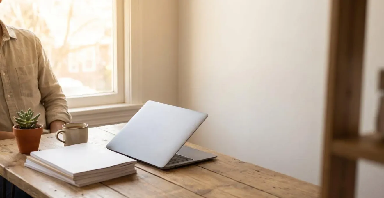 Entrepreneur travaillant sereinement à son bureau sur un ordinateur portable dans un bureau lumineux et épuré