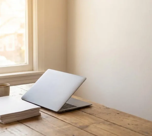 Entrepreneur travaillant sereinement à son bureau sur un ordinateur portable dans un bureau lumineux et épuré