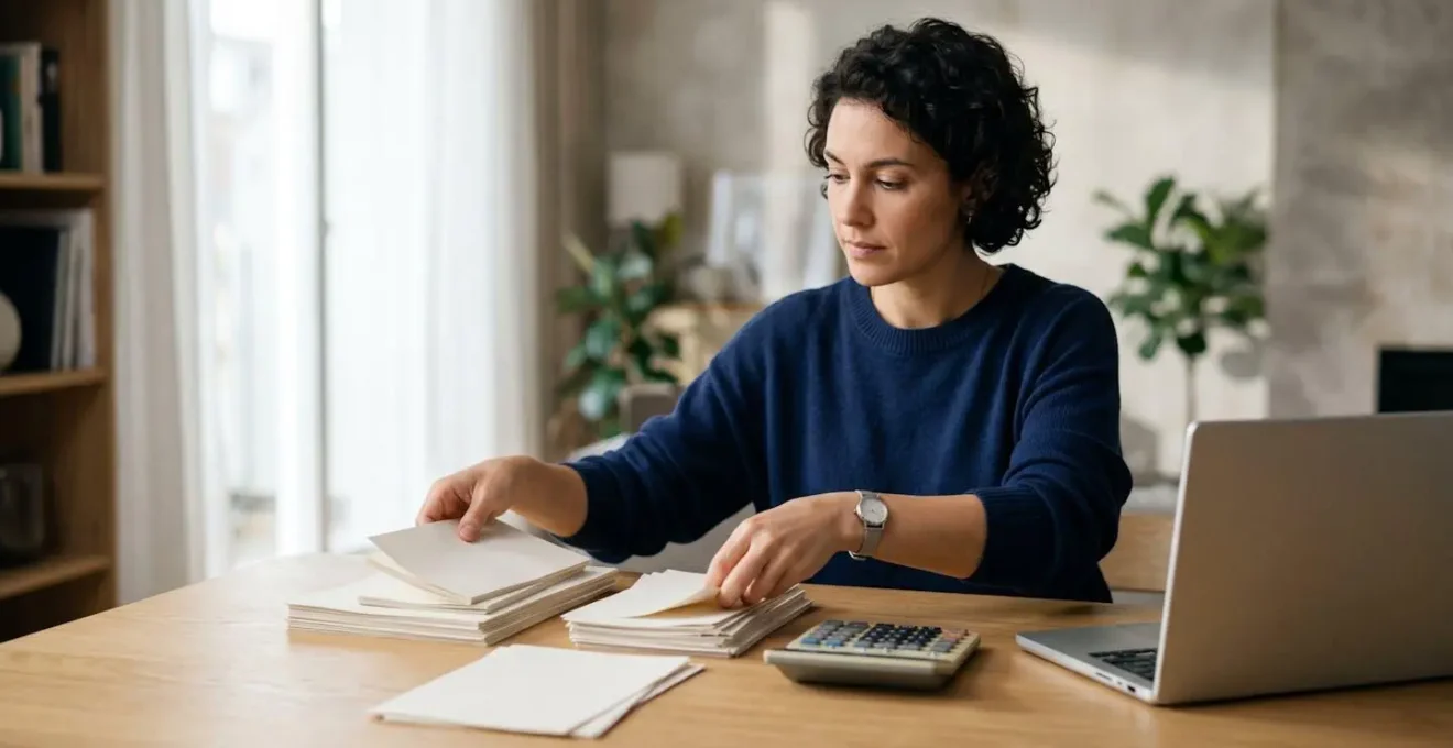 Entrepreneur concentre organisant ses factures et documents financiers sur un bureau lumineux, symbolisant la maitrise de la comptabilite sans formation