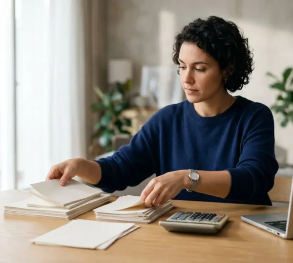 Entrepreneur concentre organisant ses factures et documents financiers sur un bureau lumineux, symbolisant la maitrise de la comptabilite sans formation