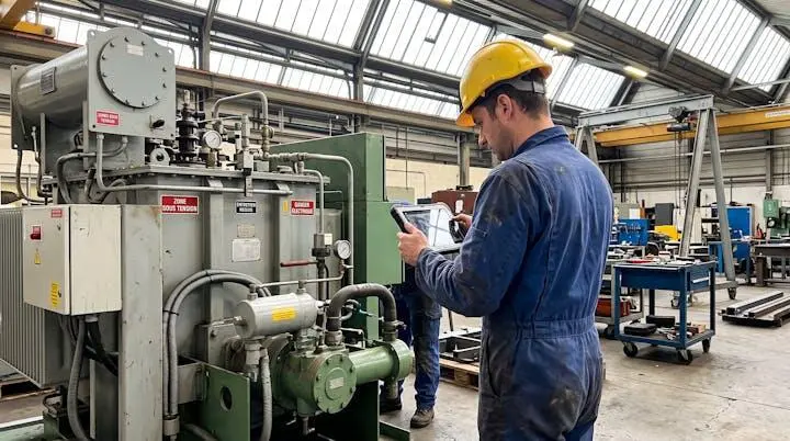 Technicien de maintenance capturant des données sur tablette devant un équipement industriel